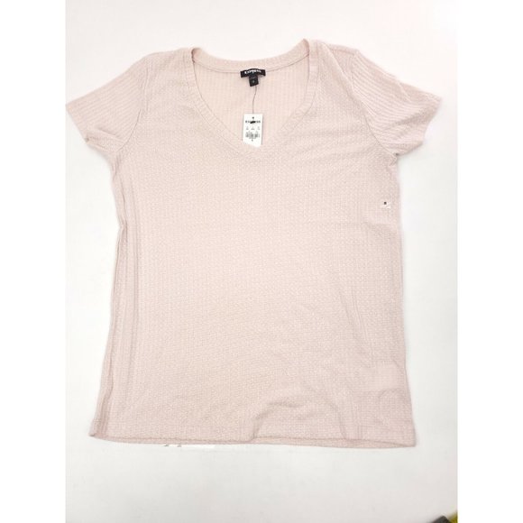 Express Waffle Knit V-Neck Easy Tee Size S Truffle Pink - Picture 3 of 6